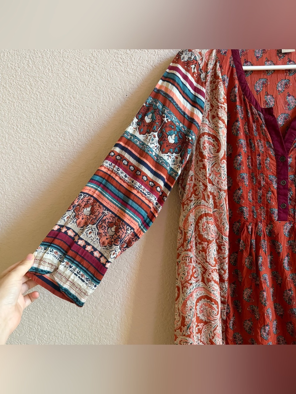 Lucky Brand Top Women XL Colorful Paisley Stripe 3/4 Sleeve Boho Granola Earthy - Picture 3 of 10